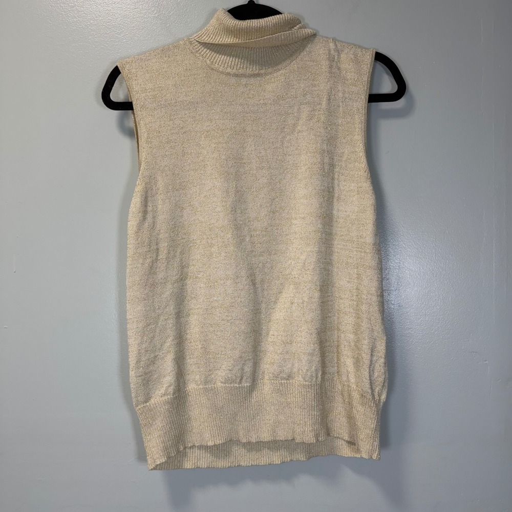 Margaret Frances Womens XL Gold Metallic Knit Sleeveless Turtleneck Sweater Vest